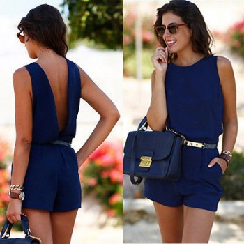 New Women Summer Playsuit Bodycon Clubwear Evening Party Blackless Jumpsuit Pocket Romper Trousers Yellow Blue Red